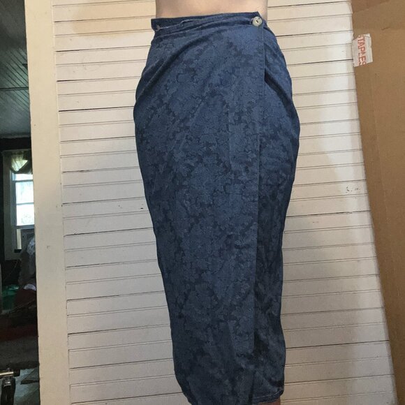 Small Vintage Bryn Connelly denim print wrap midi skirt - Picture 1 of 6